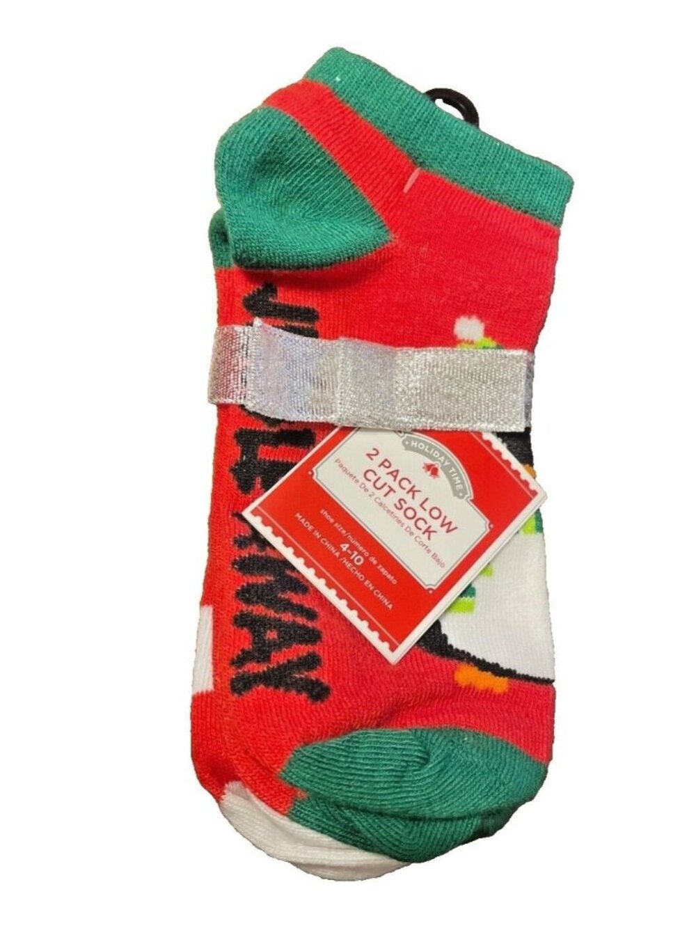 Women Socks Holiday Time 2Pk Low Cut Festive Penguin Stripe Design Shoe Sz 4-10